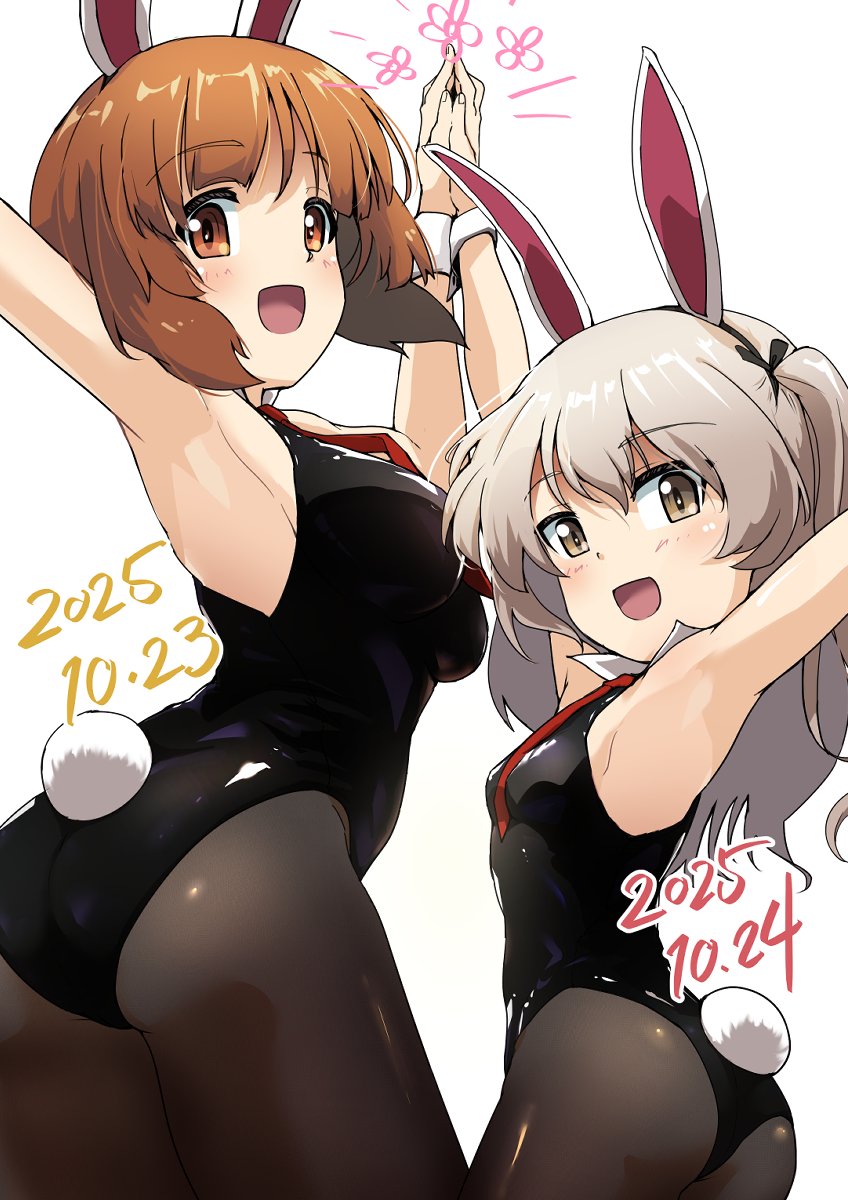 2girls animal_ear_hairband animal_ears arms_up ass black_leotard black_pantyhose breasts brown_eyes brown_hair buchikaki commentary_request dated detached_collar fake_animal_ears from_behind girls_und_panzer hairband high_five highres leotard looking_at_viewer looking_back medium_breasts medium_hair multiple_girls necktie nishizumi_miho one_side_up pantyhose playboy_bunny rabbit_ears rabbit_tail red_necktie shimada_arisu short_hair simple_background small_breasts smile tail white_background wrist_cuffs