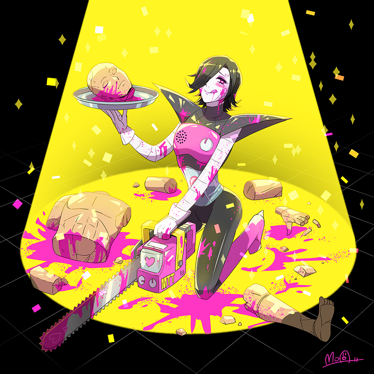 1boy :q android black_background black_hair blood chainsaw colored_skin confetti grey_skin hair_over_one_eye hato_moa heart heart-shaped_pupils holding holding_tray kneeling male_focus mannequin mettaton mettaton_ex pink_blood purple_eyes signature solo sparkle spotlight symbol-shaped_pupils tongue tongue_out tray undertale