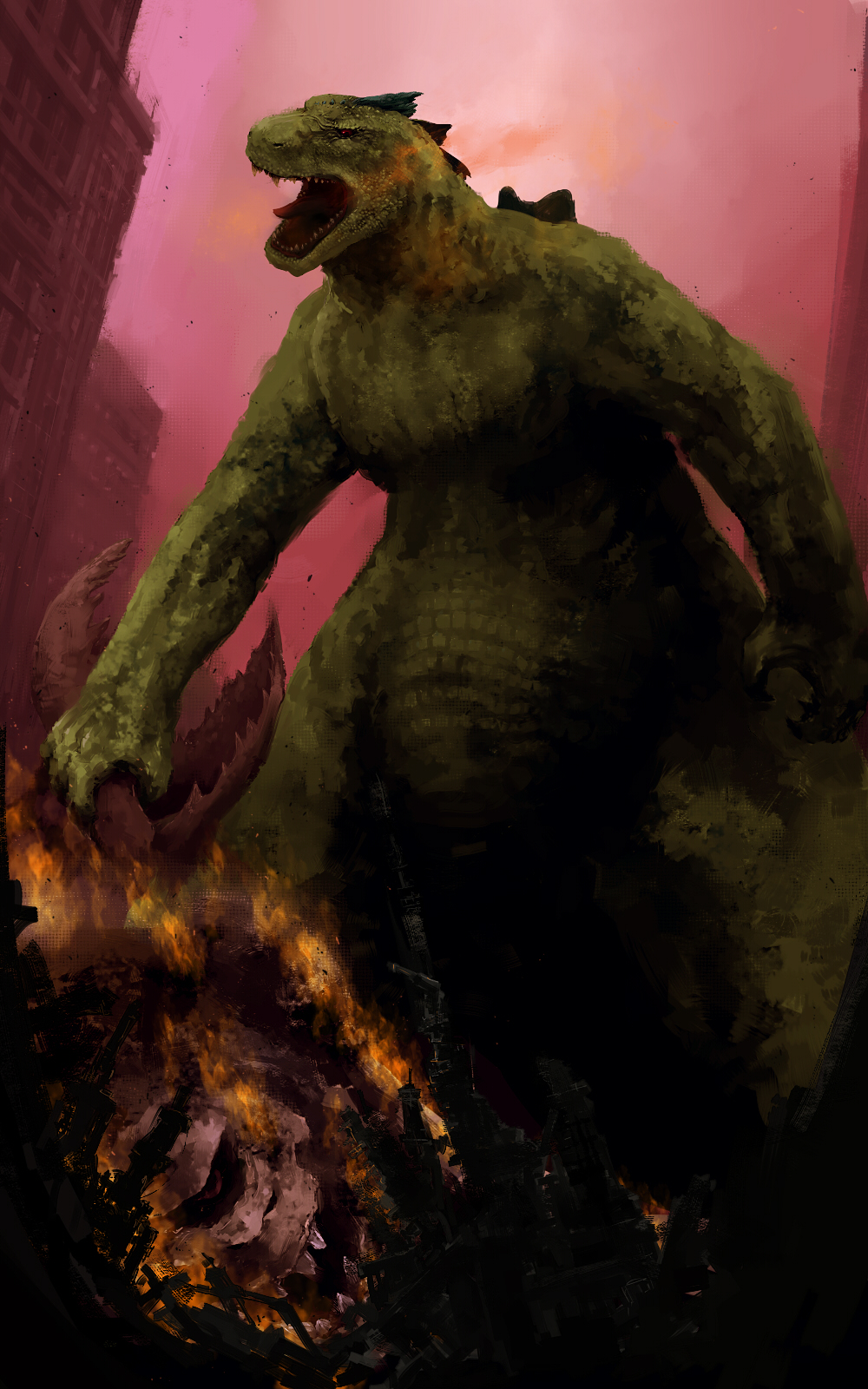 building city claws destruction fire fuhatsu_eekoodan godzilla godzilla_(hanna-barbera) godzilla_(series) hanna-barbera highres kaiju no_humans red_eyes roaring sharp_teeth simple_background teeth toho