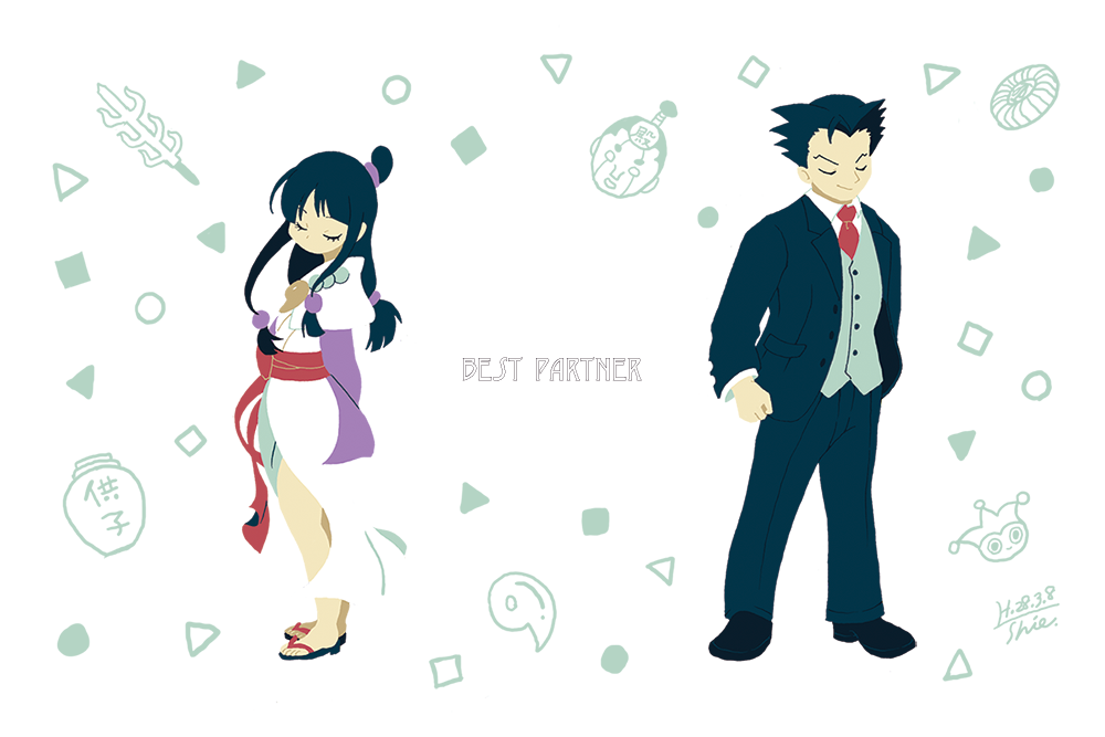 1boy 1girl ace_attorney badge black_footwear black_hair blue_badger blue_jacket blue_vest closed_eyes closed_mouth collared_shirt english_text formal_clothes jacket japanese_clothes kimono long_hair magatama maya_fey necktie obi phoenix_wright red_necktie sai_(weapon) sandals sash shie-k shirt short_hair square steel_samurai suit triangle vest weapon white_kimono white_shirt zouri