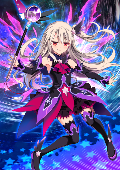 1girl ascot asymmetrical_dress bare_shoulders black_boots black_dress black_sleeves black_thighhighs boots breasts brooch closed_mouth collared_dress dark_persona detached_sleeves dress earrings evil_smile fate/grand_order fate_(series) feather_hair_ornament feathers frilled_dress frills full_body hair_between_eyes hair_ornament halter_dress halterneck hiroyama_hiroshi holding holding_wand illyasviel_von_einzbern jewelry kaleidostick kaleidostick_(zwei_form) layered_dress layered_sleeves long_hair looking_at_viewer magical_girl multicolored_dress official_art one_side_up outstretched_arms pink_ascot pink_dress prisma_illya purple_dress red_eyes six_pointed_star sleeveless small_breasts smile solo star_(sky) star_(symbol) star_brooch star_earrings star_hair_ornament star_trail starry_sky_background testament_(fate) thigh_boots thighhighs third-party_source turtleneck variant_set very_long_hair wand white_hair winged_boots