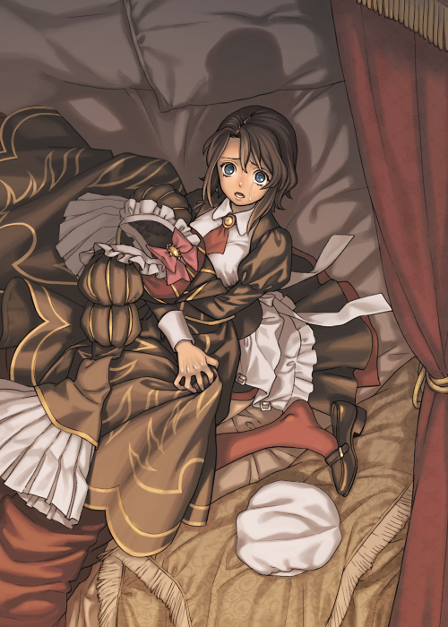 1girl 1other beatrice_(umineko) bed beret blue_eyes breasts brown_footwear brown_hair canopy_bed collared_dress crying crying_with_eyes_open dress hat holding holding_unworn_clothes holding_unworn_dress ito_fumi layered_dress long_sleeves looking_at_viewer maid medium_breasts necktie on_bed open_mouth parted_bangs pillow puffy_long_sleeves puffy_sleeves raised_eyebrows red_necktie red_socks sad short_hair socks solo spoilers tears umineko_no_naku_koro_ni unworn_dress unworn_hat unworn_headwear wavy_hair yasu_(umineko)