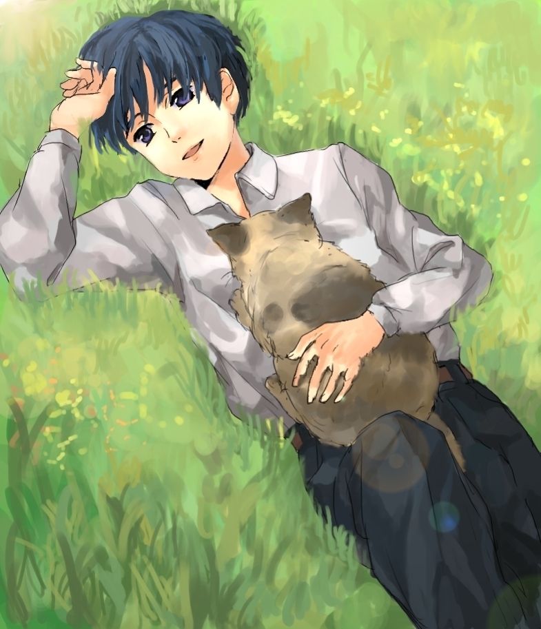 10s 1boy cat karigurashi_no_arrietty lying male_focus notari shirt shou_(karigurashi_no_arrietty) solo studio_ghibli takayan white_shirt