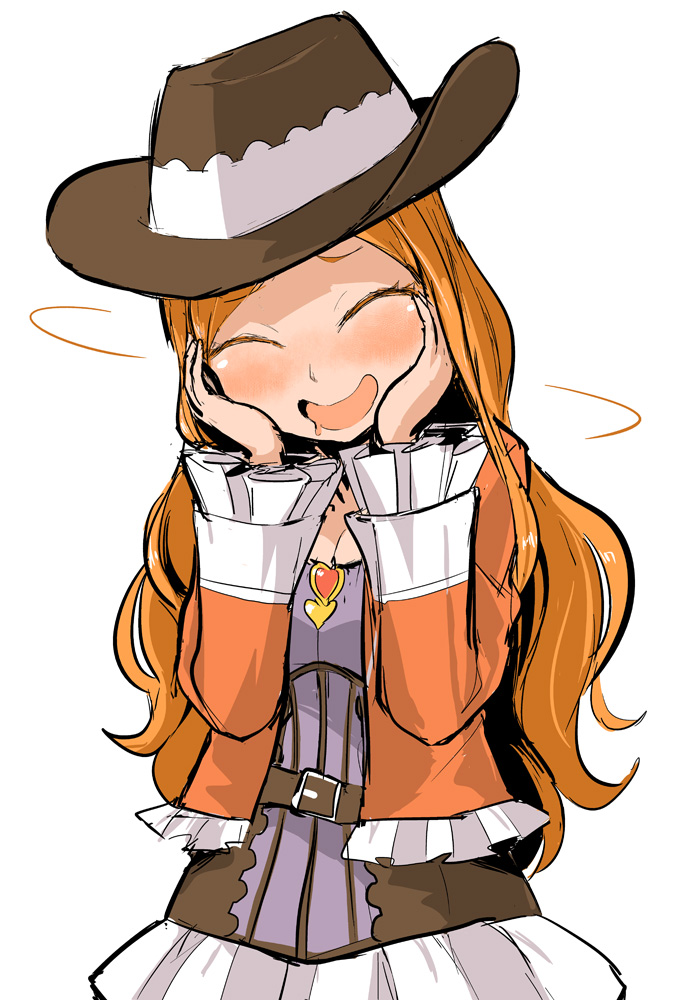 1girl ^_^ belt blush closed_eyes commentary_request cowboy_hat eri_aimi facing_viewer frilled_jacket frills hands_on_own_cheeks hands_on_own_face hat jacket ken_(koala) long_hair long_sleeves magia_record:_mahou_shoujo_madoka_magica_gaiden magical_girl mahou_shoujo_madoka_magica open_mouth orange_hair orange_jacket simple_background smile solo upper_body wavy_hair white_background