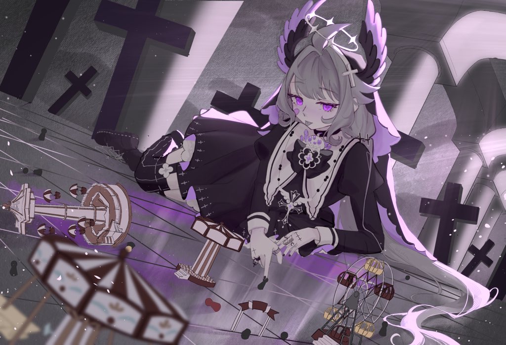 1girl :p ahoge aloupeep_(enna_alouette) bandaid bandaid_on_face black_nails blonde_hair blush carousel cross enna_alouette ferris_wheel full_body hair_intakes hallway halo head_wings kamippoina_(vocaloid) long_hair low_twintails lying nijisanji nijisanji_en nose_blush on_side purple_eyes siyuche22227133 solo_focus tongue tongue_out twintails veil virtual_youtuber wings