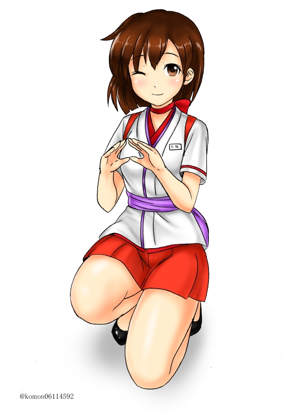 1girl brown_eyes brown_hair choker commentary_request employee_uniform flight_attendant hiryuu_(kancolle) hiryuu_(peach)_(kancolle) kantai_collection kudou_(ooabareteng) looking_at_viewer official_alternate_costume one-hour_drawing_challenge one_eye_closed peach_(airline) red_neckwear red_skirt short_hair simple_background skirt solo squatting travel_attendant white_background