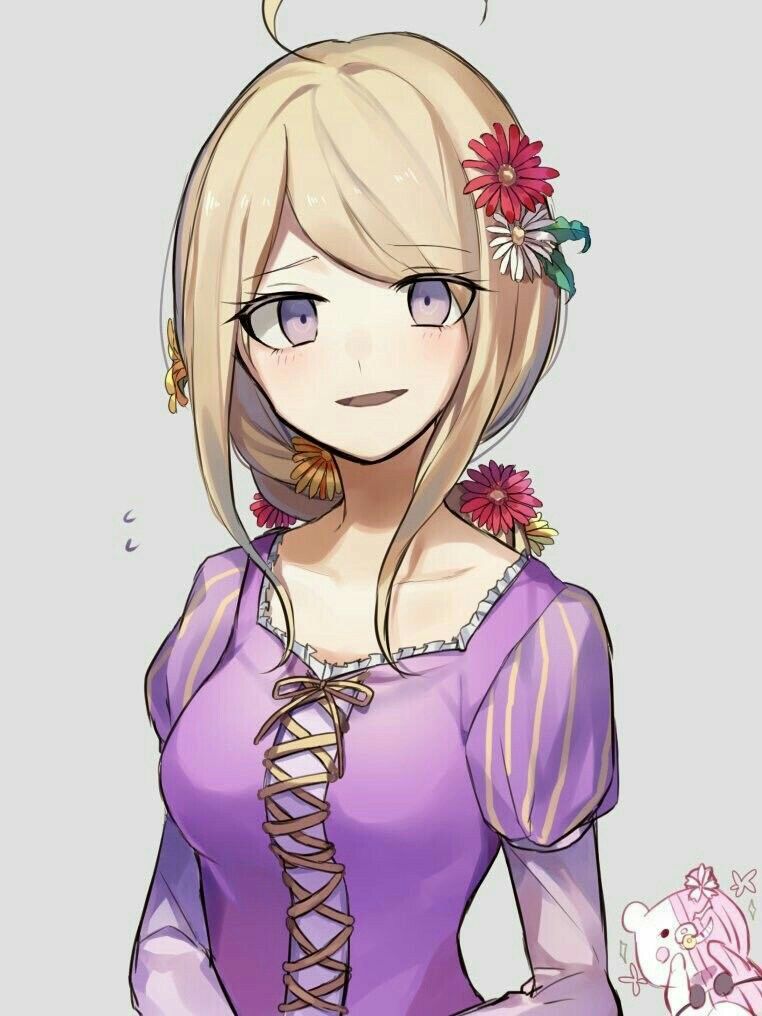 1girl ahoge akamatsu_kaede alternate_costume bad_id bad_pixiv_id bear black_bra blonde_hair blush_stickers bra chibi chibi_inset collarbone cosplay cross-laced_clothes cross-laced_dress daisy_(flower) danganronpa_(series) danganronpa_v3:_killing_harmony dress eyelashes flower flying_sweatdrops frilled_dress frills grey_background grin hair_flower hair_ornament hands_on_lap hands_on_own_chin hat_ornament huyuharu0214 juliet_sleeves leaf_hat_ornament light_blush long_hair long_sleeves low-braided_long_hair low-tied_long_hair monophanie open_mouth pacifier pink_flower puffy_sleeves purple_dress purple_eyes rapunzel_(disney) rapunzel_(disney)_(cosplay) red_flower ribbon smile sparkle square_neckline tangled teeth underwear upper_body white_flower yellow_flower yellow_ribbon