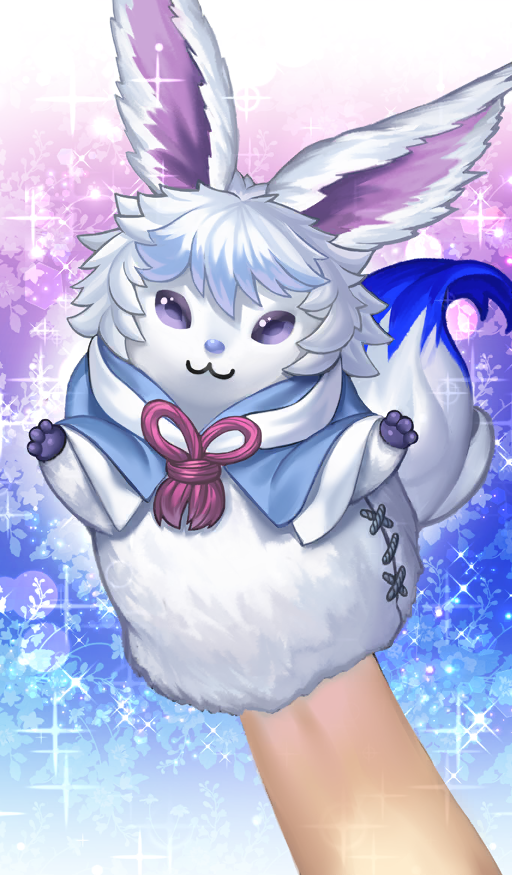 1other ambiguous_gender beppu_mitsunaka chocolate_lady_no_karasawagi commentary fate/grand_order fate_(series) fou_(fate) gradient_background hand_puppet object_focus official_art puppet sparkle sparkle_background third-party_source