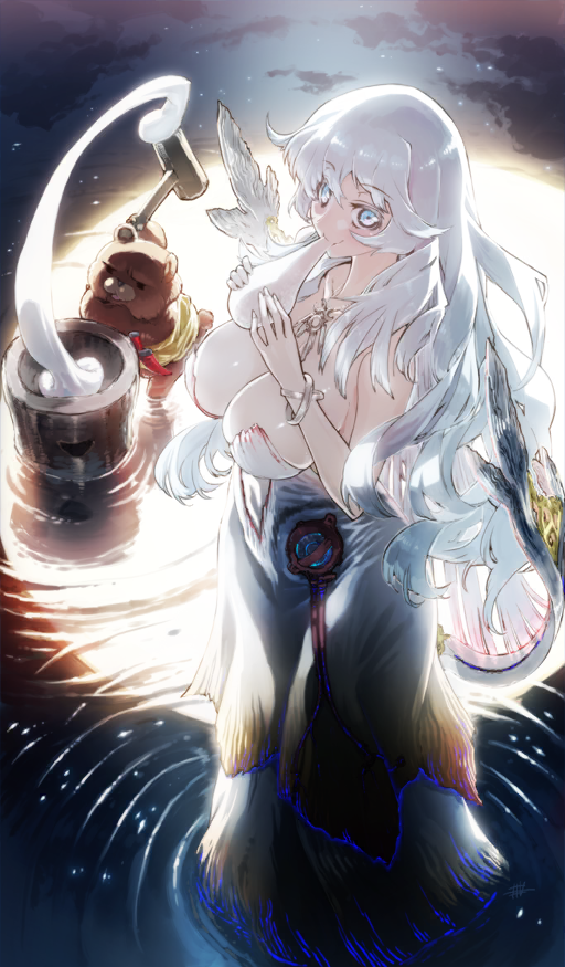 1girl artemis_(fate) bear blue_eyes bow_(weapon) bracelet breasts cloud collarbone commentary dress eating fate/grand_order fate_(series) food from_above full_moon holding holding_food holding_mallet i-iv_(longman) jewelry kine large_breasts long_hair mallet mochi mochi_trail mochitsuki moon mortar_(bowl) necklace night official_art orion_(bear)_(fate) reflection reflective_water ripples solo star_(sky) strapless strapless_dress third-party_source very_long_hair weapon white_dress white_hair