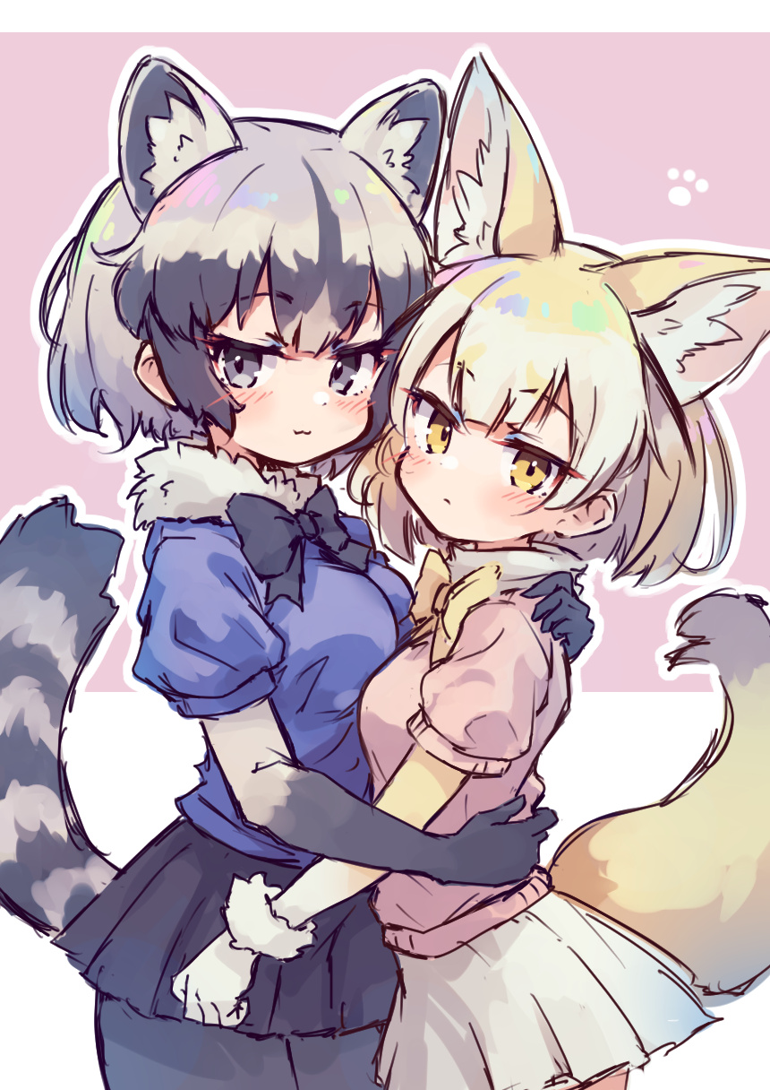 2girls animal_ears black_bow black_bowtie black_pantyhose black_skirt blonde_hair blue_eyes blue_sweater blush bow bowtie comiket_103 common_raccoon_(kemono_friends) cowboy_shot elbow_gloves extra_ears fennec_(kemono_friends) fox_ears fox_girl fox_tail fur_collar gloves grey_gloves grey_hair hair_between_eyes height_difference highres kemono_friends kolshica multicolored_hair multiple_girls pantyhose pink_sweater pleated_skirt puffy_short_sleeves puffy_sleeves raccoon_ears raccoon_girl raccoon_tail short_hair short_sleeves sidelocks skirt sweater tail two-tone_gloves white_fur white_gloves white_hair white_skirt yellow_bow yellow_bowtie yellow_eyes yellow_gloves