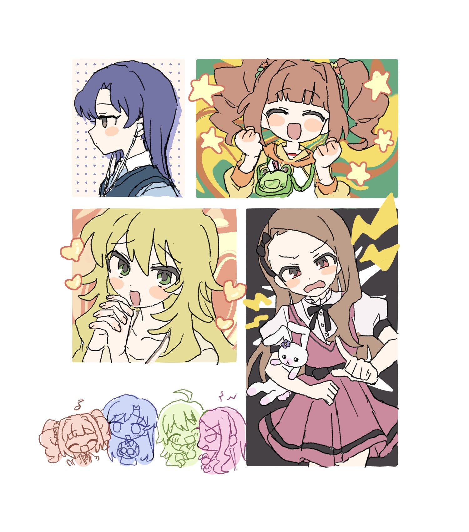 4girls ahoge black_bow black_hairband blonde_hair blue_hair blush bow bow_hairband brown_eyes brown_hair chibi chibi_inset closed_eyes dress earbuds earphones from_side green_eyes hairband hands_up heart highres hoshii_miki idolmaster idolmaster_(classic) index_finger_raised kisaragi_chihaya long_hair long_sleeves looking_at_viewer minase_iori multiple_girls open_mouth orange_hair own_hands_together pnt_0202 puffy_short_sleeves puffy_sleeves red_dress short_sleeves simple_background smile star_(symbol) takatsuki_yayoi twintails usa-chan_(idolmaster) white_background