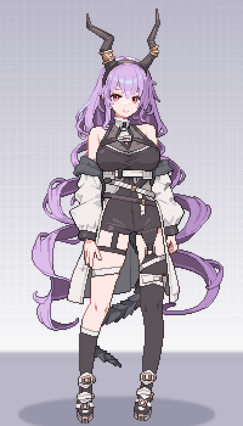 1girl arknights arms_at_sides asymmetrical_legwear bare_shoulders belt black_horns black_shirt black_shorts black_socks black_tail black_thighhighs breasts commentary full_body gamepix gradient_background grey_background grid_background hair_between_eyes highres horns jacket large_breasts long_hair long_sleeves looking_at_viewer multiple_belts off_shoulder open_mouth pixel_art purple_hair red_eyes shirt shorts single_sock single_thighhigh sleeveless sleeveless_shirt smile socks solo standing symbol-only_commentary thigh_strap thighhighs twintails typhon_(arknights) very_long_hair white_jacket