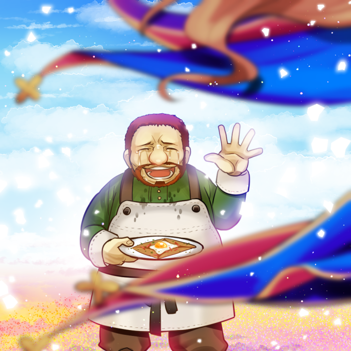 1boy 1girl akariya_kuubu apron beard blurry blurry_foreground brown_hair closed_eyes crying dwarf egg_(food) facial_hair fate/grand_order fate_(series) field flower flower_field food leonardo_da_vinci_(fate) leonardo_da_vinci_(fate/grand_order) leonardo_da_vinci_(rider)_(fate) mike_(fate) plate sunny_side_up_egg waving