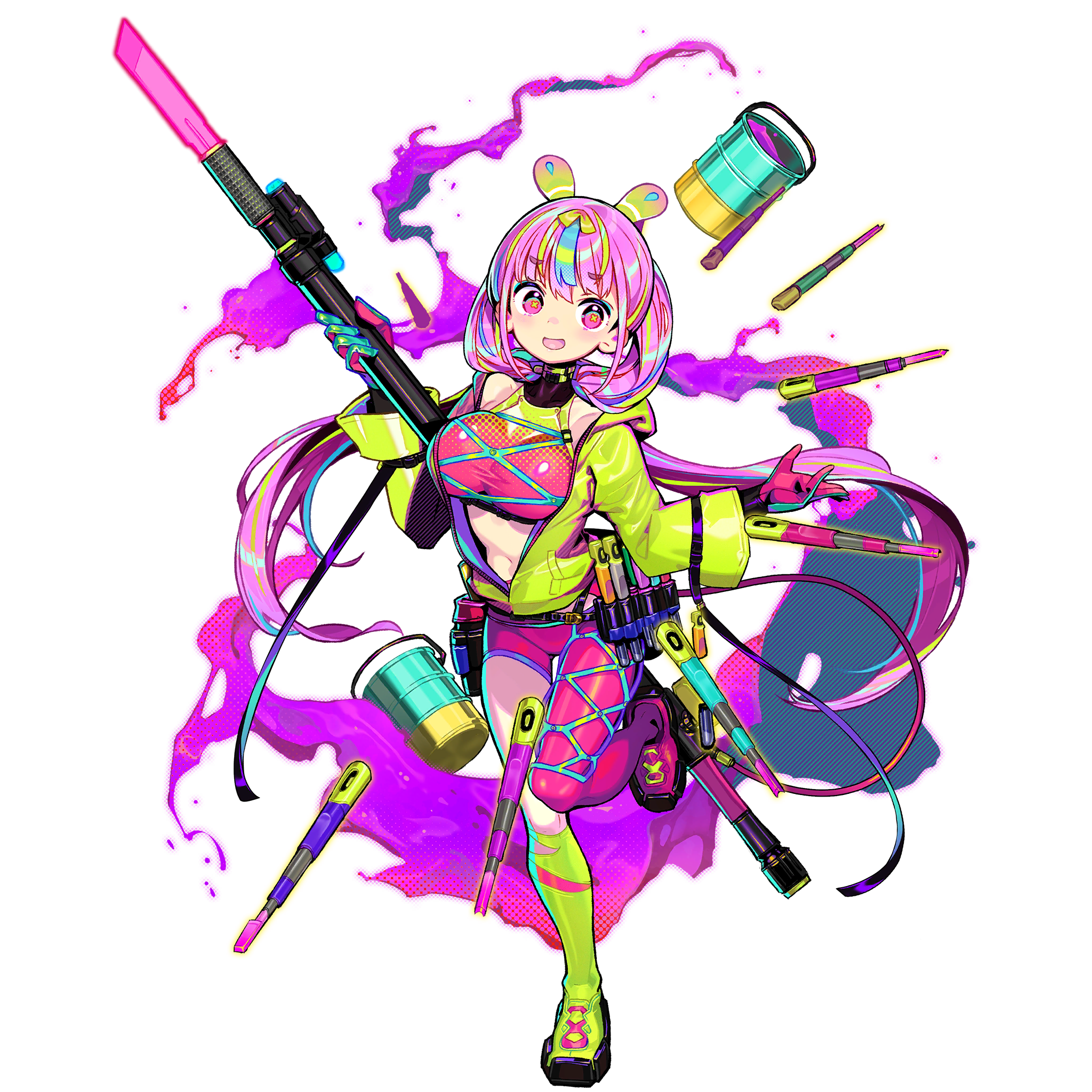 1girl :d asymmetrical_legwear blonde_hair blue_hair bucket game_cg girls'_frontline girls'_frontline_neural_cloud gloves green_hair green_jacket highres jacket navel official_art onono_imoko open_clothes open_jacket open_mouth paint pink_eyes pink_hair puzzle_(neural_cloud) smile solo standing standing_on_one_leg symbol-shaped_pupils tachi-e third-party_source tool_belt transparent_background x-shaped_pupils