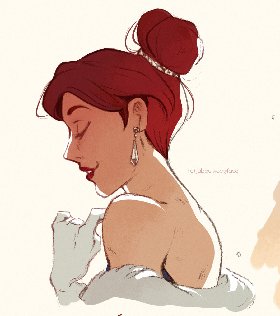 1girl anastasia_(1997) anya_(anastasia) artist_name closed_eyes commentary earrings english_commentary gloves hair_bun jabberwockyface jewelry profile red_hair red_lips simple_background smile solo upper_body white_background white_gloves