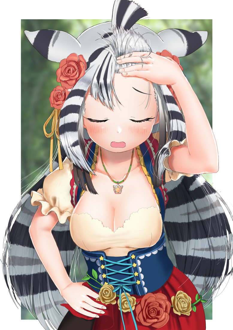 1girl animal_ears arm_up bare_arms black_hair blush bodice border breasts chapman&#039;s_zebra_(kemono_friends) cleavage closed_eyes collarbone cowboy_shot dirndl extra_ears facing_viewer fingernails flower forehead german_clothes hair_flower hair_lift hair_ornament hand_on_own_forehead hand_on_own_hip holding holding_own_hair jewelry kemono_friends long_hair medium_breasts multicolored_hair official_alternate_costume open_mouth outside_border pendant plunging_neckline puffy_short_sleeves puffy_sleeves rose short_sleeves sigh solo streaked_hair striped_hair two-tone_hair very_long_hair white_border white_hair yumeumi_sousaku zebra_ears