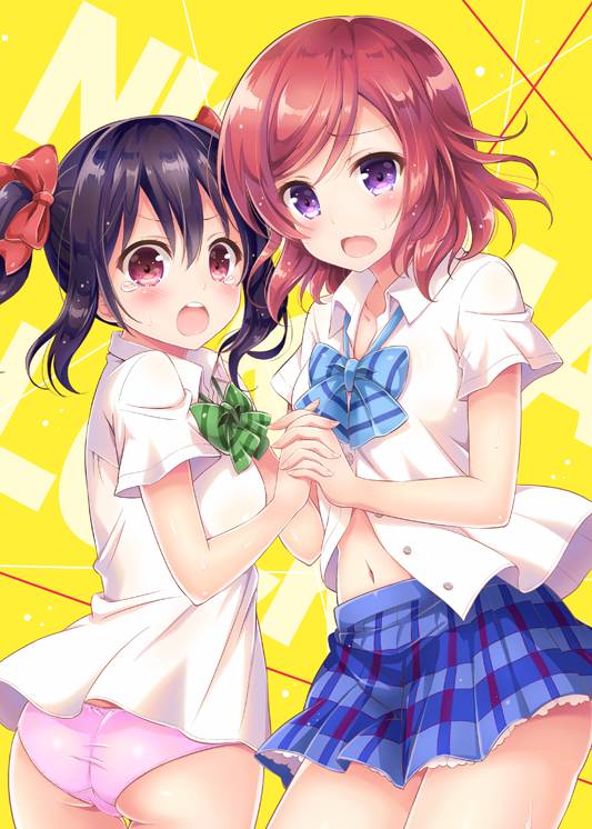 10s 2girls black_hair blush love_live! love_live!_school_idol_project multiple_girls nishikino_maki open_mouth panties pantyshot purple_eyes red_eyes red_hair sakurai_makoto_(custom_size) short_hair tears twintails underwear yazawa_nico yuri