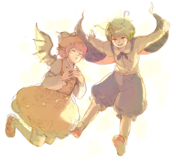 2girls animal_ears antennae bird_ears bird_wings black_cape black_shorts brown_dress brown_headwear cape collared_shirt dress fingernails green_eyes green_hair hat long_fingernails long_sleeves ma-hain-scarlet multiple_girls mystia_lorelei pink_hair red_footwear sharp_fingernails shirt shoes short_hair shorts sleeve_garter touhou white_shirt white_wings winged_hat wings wriggle_nightbug