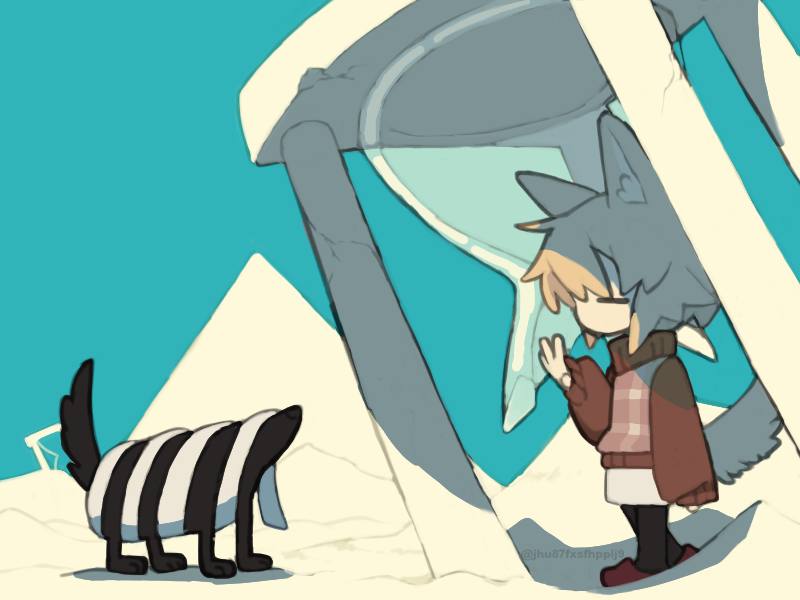 1girl animal_ears blonde_hair broken_glass broken_hourglass brown_sweater chibi chibi_only closed_eyes commentary_request creature desert from_side glass hand_up hourglass long_sleeves no_mouth outdoors pyramid_(structure) red_shoes regurusu_(nagarevosi) ribbon shoes short_hair skirt sleeves_past_wrists solo standing sweater tail twitter_username urotsuki watermark white_ribbon white_skirt wolf_ears wolf_tail yume_2kki