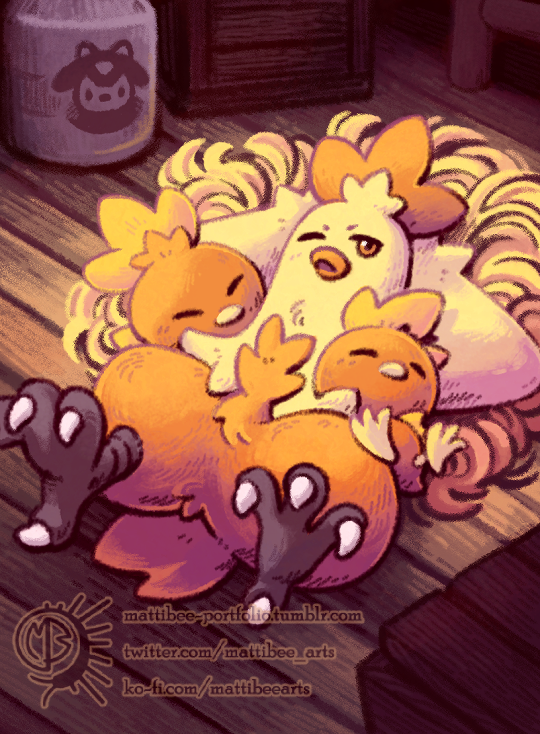 bird closed_eyes combusken commentary gen_3_pokemon lying mattibee nintendo no_humans on_back one_eye_closed orange_eyes pokemon pokemon_(creature) talons torchic watermark web_address wooden_floor