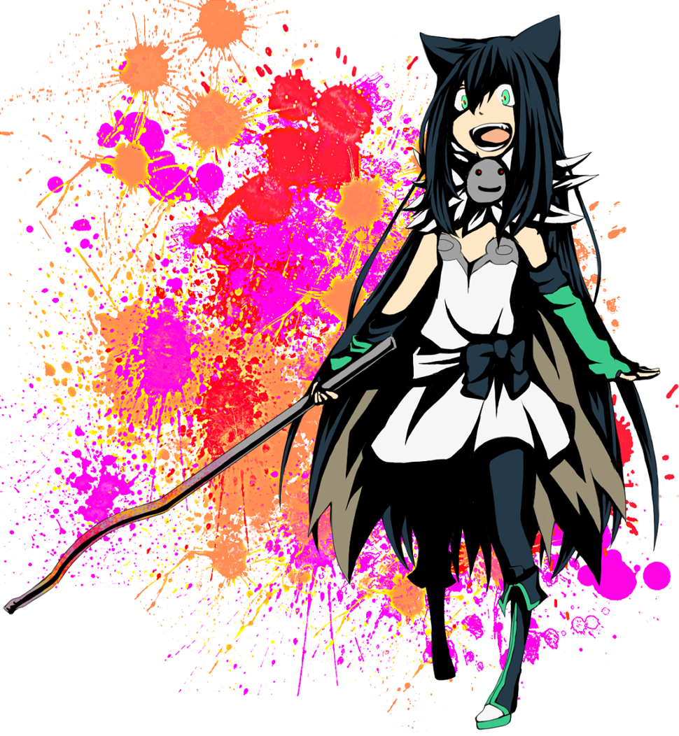 1girl alchemist_(ragnarok_online) animal_ears black_bow black_hair black_pantyhose blood blood_splatter boots bow cape cat_ears cat_girl commentary_request crazy_eyes crazy_smile detached_sleeves dress flat_chest fold-over_boots full_body fur_collar green_boots green_eyes green_sleeves high_contrast holding holding_lead_pipe lead_pipe long_hair meiko_(nattu303) open_mouth pantyhose ragnarok_online sash simple_background smile solo strapless strapless_dress very_long_hair white_dress