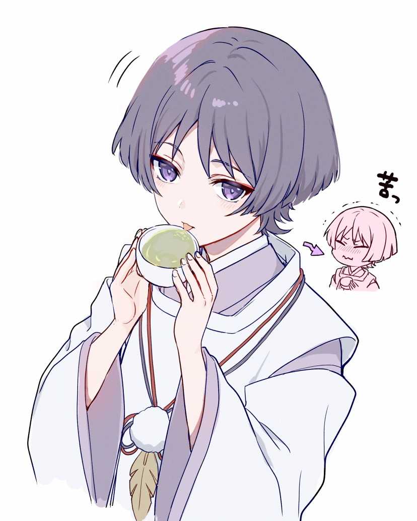 1boy blunt_ends closed_eyes closed_mouth clothing_cutout cropped_torso cup eyeliner eyeshadow feathers fingernails genshin_impact green_tea grey_hair hands_up holding holding_cup japanese_clothes kariginu kimono layered_kimono layered_sleeves licking light_blush looking_at_viewer makeup male_focus mikou_(toromappo) pom_pom_(clothes) purple_eyes purple_kimono purple_pupils purple_sleeves red_eyeliner red_eyeshadow scaramouche_(genshin_impact) scaramouche_(kabukimono)_(genshin_impact) shoulder_cutout solo string tea tongue tongue_out trembling tsurime wavy_mouth white_background white_sleeves wispy_bangs yellow_feathers