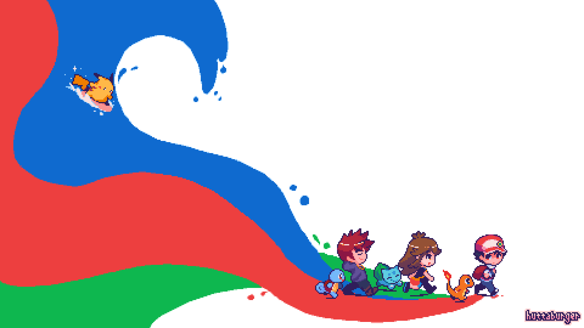 1girl 2boys ^_^ artist_name backpack bag black_eyes black_hair black_shirt black_shoes blue_eyes blue_oak blue_pants blue_shorts brown_hair brown_pants brown_shoes bulbasaur charmander closed_eyes closed_mouth color_coordination commentary creatures_(company) english_commentary game_freak gen_1_pokemon green_(pokemon) hat highres hood hoodie huttaburger long_hair looking_at_viewer multiple_boys nintendo open_mouth orange_bag pants pikachu pixel_art pokemon pokemon_lgpe pokemon_rgby purple_hoodie red_(pokemon) red_bag red_eyes red_hat shirt shoes short_hair shorts shoulder_bag simple_background sleeveless sleeveless_shirt smile spiked_hair squirtle surfboard surfing walking waves white_background white_shirt