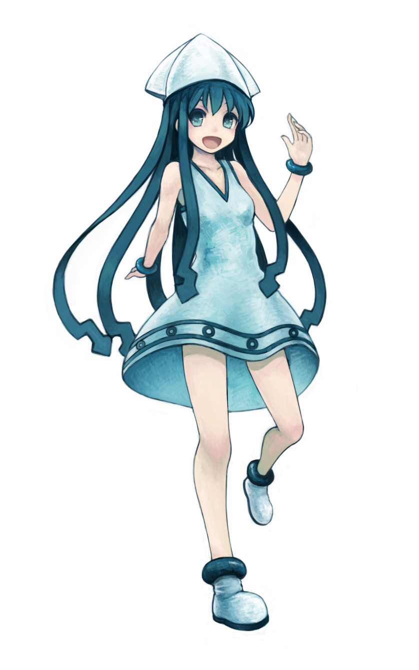 1girl bare_shoulders blue_eyes blue_hair boots bracelet dress full_body haruhito_(divineshalt) hat highres ikamusume jewelry long_hair open_mouth shinryaku!_ikamusume simple_background sleeveless sleeveless_dress smile solo squid_hat tentacle_hair white_background white_dress