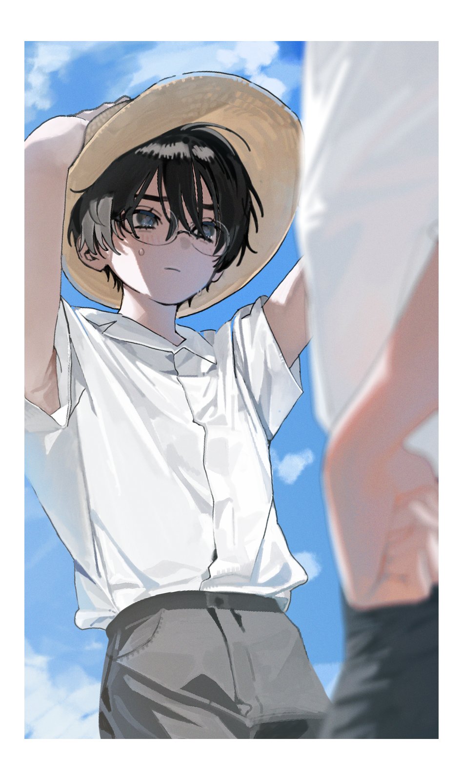 2boys adjusting_clothes adjusting_headwear armpits arms_up black_hair black_pants blue_eyes blue_sky blurry blurry_foreground blush closed_mouth cloud collared_shirt cowboy_shot day embarrassed glasses grey_pants hair_between_eyes hand_on_headwear hands_on_headwear hat highres male_focus ml_rmi multiple_boys original out_of_frame outdoors pants shirt shirt_tucked_in short_hair short_sleeves sky solo_focus straw_hat sun_hat sweat sweatdrop thick_eyebrows white_shirt