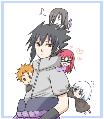 1girl :d :o ^_^ alternate_costume arm_warmers black_hair blue_border border chibi cloak closed_eyes eyeliner flying_sweatdrops frown furrowed_brow glasses grey_shirt gripping_clothes hair_over_one_eye heart holding_onto_partner hoozuki_suigetsu juugo_(naruto) karin_(naruto) layered_sleeves long_hair long_sleeves makeup multiple_boys musical_note naruto_(series) naruto_shippuuden on_head open_mouth orange_eyes orange_hair orochimaru_(naruto) pale_skin purple_eyes red_hair rope_belt shirt short_hair short_over_long_sleeves short_sleeves smile spiked_hair spoken_musical_note uchiha_sasuke white_background white_hair すい