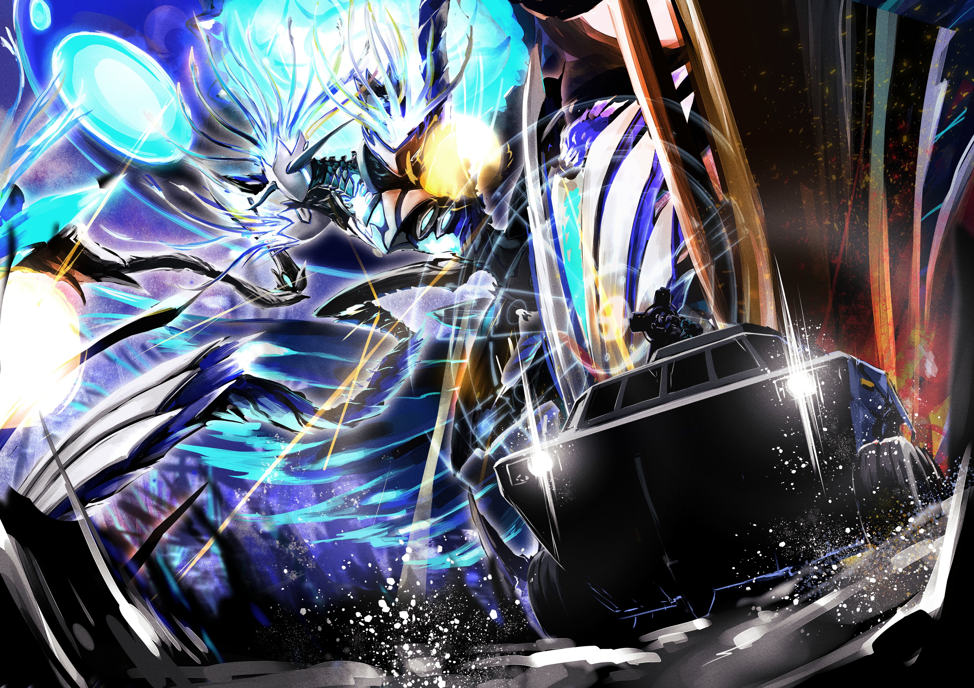152_in_can 1girl absurdres alien armor battle black_armor car driving faceless fate/grand_order fate_(series) giant giant_monster glowing highres holding holding_shield horns huge_horns kaiju lord_camelot_(fate) mash_kyrielight mash_kyrielight_(ortenaus) monster motor_vehicle on_car ort_(type-moon) shield tendril
