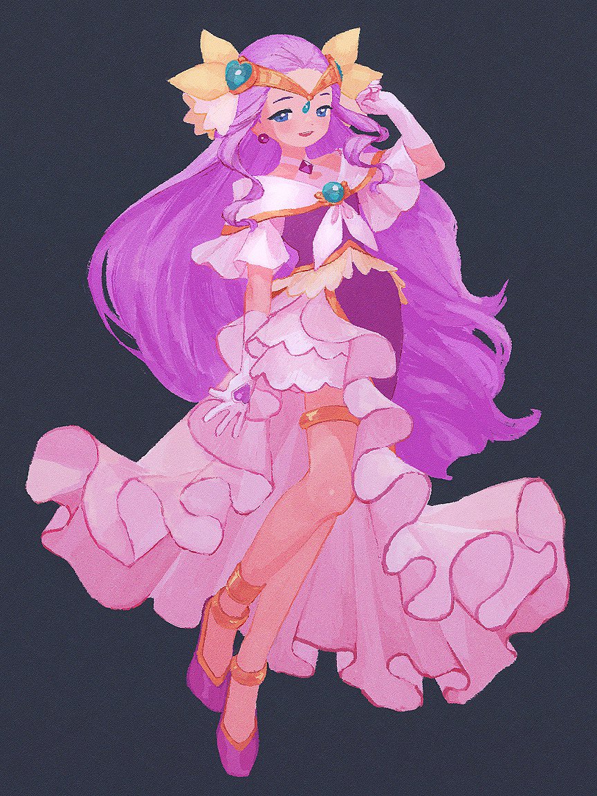 1girl blue_eyes circlet cure_earth dress earrings elbow_gloves full_body fuurin_asumi gloves hair_ornament healin&#039;_good_precure heart jewelry koteko_(chop_of_toilet) light_purple_hair long_hair looking_at_viewer magical_girl open_mouth precure purple_dress purple_hair purple_shoes shoes sidelocks simple_background smile solo very_long_hair white_gloves