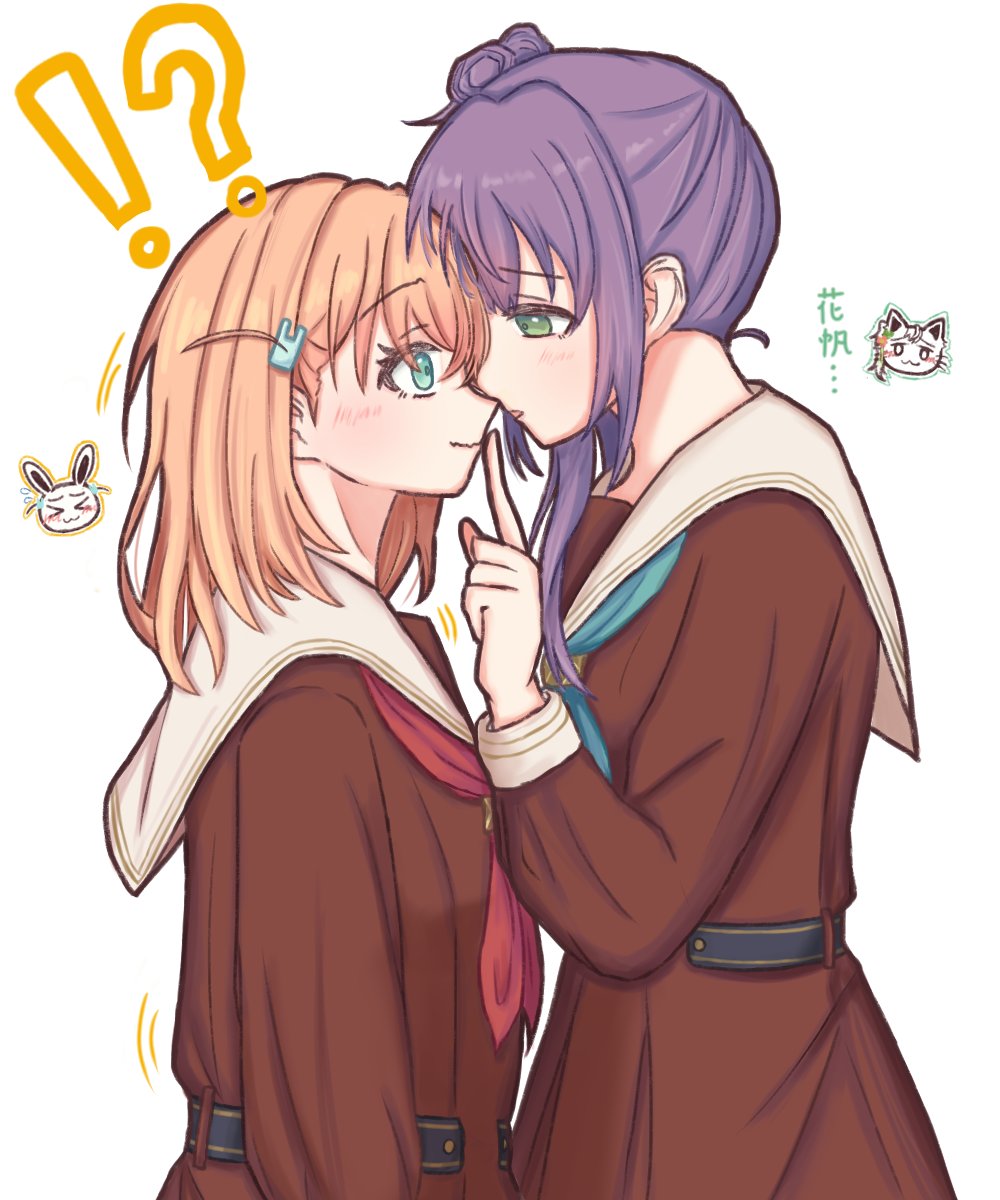 !? &gt;_&lt; 2girls :3 animal_ears aqua_eyes aqua_neckerchief blush brown_dress cat_ears chibi chibi_inset closed_mouth commentary_request crossed_bangs dress face-to-face finger_to_another&#039;s_mouth flying_sweatdrops from_side green_eyes hair_bun hair_ornament hasu_no_sora_school_uniform highres hikari863126 hinoshita_kaho link!_like!_love_live! lone_nape_hair long_hair long_sleeves love_live! medium_hair multiple_girls neckerchief open_mouth orange_hair otomune_kozue pleated_dress profile purple_hair rabbit_ears rabbit_hair_ornament red_neckerchief sailor_collar school_uniform side_ponytail sidelocks simple_background single_side_bun smile translated two_side_up upper_body virtual_youtuber white_background white_sailor_collar wide-eyed winter_uniform x3 yuri