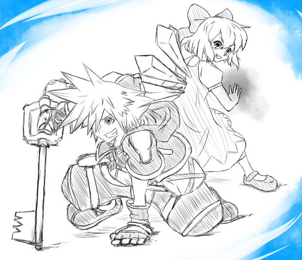 1boy 1girl blue_theme bow cirno dress fingerless_gloves fufufu_(fufufudesuyo) gloves grin hair_bow hair_ribbon ice ice_wings image_sample jewelry keyblade kingdom_hearts kingdom_hearts_ii monochrome necklace puffy_sleeves ribbon shirt shoes short_hair short_sleeves smile sora_(kingdom_hearts) spiked_hair touhou wings yadokari