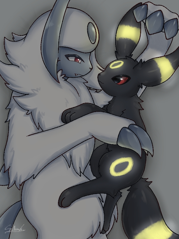 absol animal_focus black_eyes claws closed_mouth colored_sclera fang gen_2_pokemon gen_3_pokemon glowing nintendo no_humans pokemon pokemon_(creature) red_eyes red_sclera signature smile soruva_359 umbreon white_hair