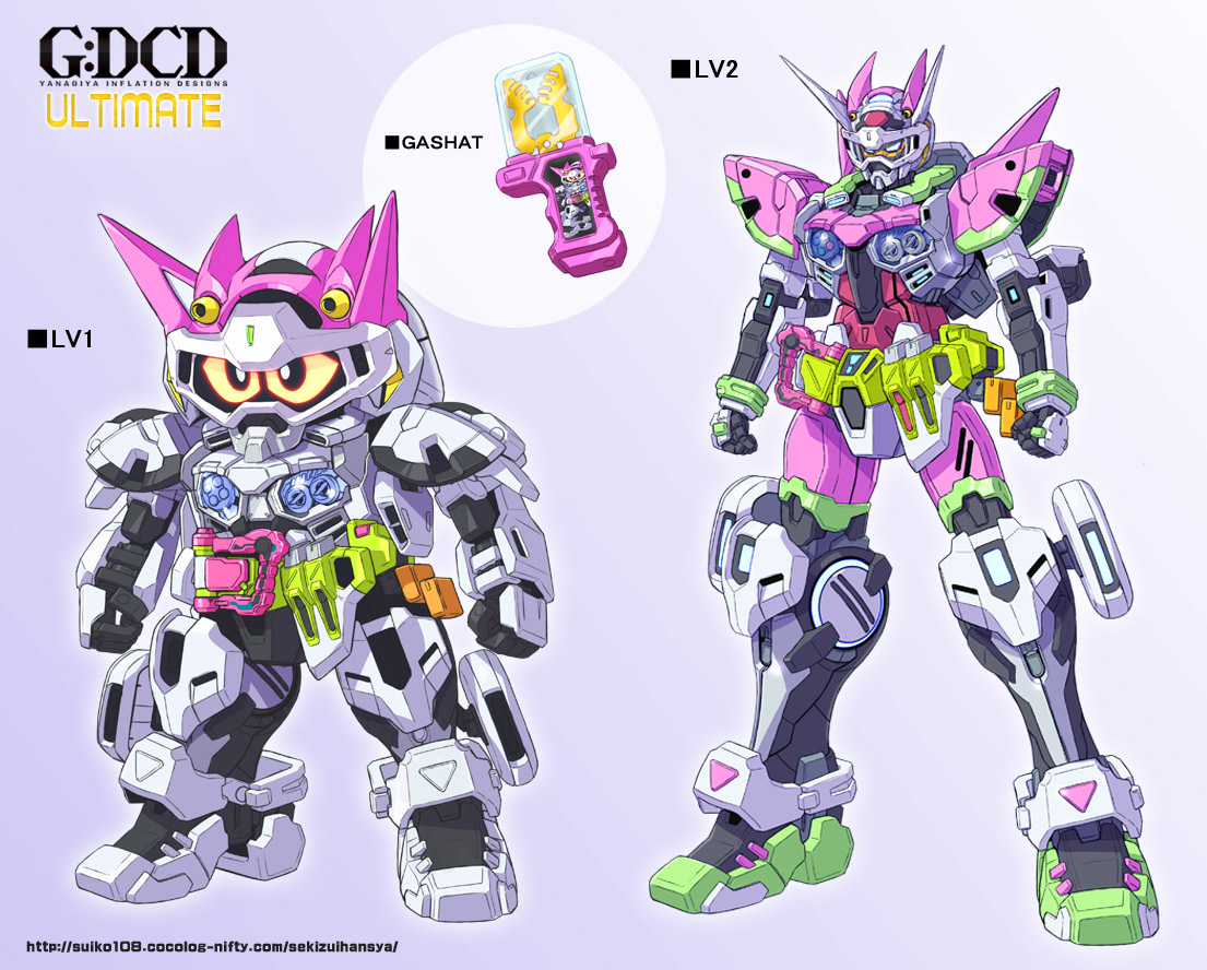 chibi clenched_hands crossover fusion g-self goggles gradient_background gundam gundam_g_no_reconguista kamen_rider kamen_rider_ex-aid kamen_rider_ex-aid_(series) mecha mechanization no_humans robot sd_gundam srx standing super_robot_wars super_robot_wars_original_generation yanagi_joe yellow_eyes