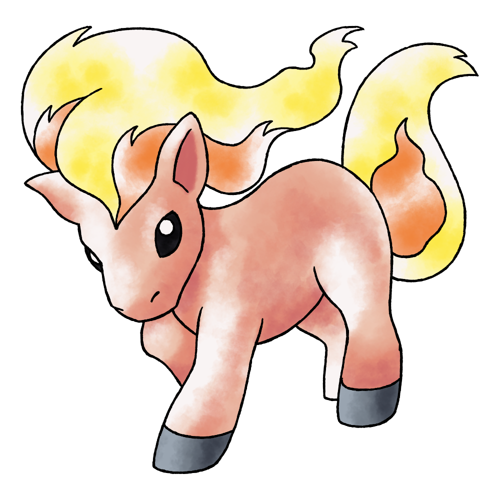 black_sclera colored_sclera derivative_work fiery_hair fiery_tail fire full_body gen_1_pokemon horse nintendo no_humans no_mouth nostrils official_style orange_fur petitcorn_(baby_ponyta) pokemon pokemon_(creature) pokemon_focus pokemon_gsc_(prototype) ponyta prototype_design raciebeep simple_background solid_eyes solo standing standing_on_three_legs sugimori_ken_(style) tachi-e tail transparent_background watercolor_effect