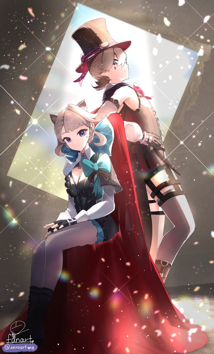1boy 1girl animal_ear_fluff animal_ears aqua_bow black_gloves black_hat black_leotard bow cat_ears closed_mouth commentary_request facial_mark fingerless_gloves genshin_impact gloves grey_hair grey_pantyhose grey_thighhighs hat highres huge_bow leaning_back leotard light_smile long_sleeves looking_at_another lynette_(genshin_impact) lyney_(genshin_impact) pantyhose purple_eyes sitting standing star_(symbol) star_facial_mark teardrop_facial_mark thighhighs top_hat twitter_username white_sleeves zeroartwo