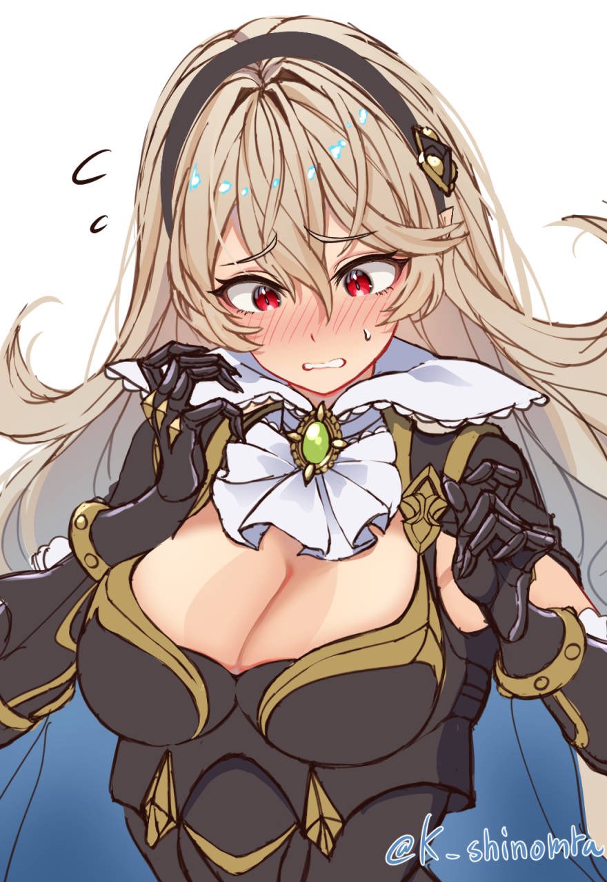 1girl armor armpit_crease ascot blonde_hair blue_cape blush breastplate breasts cape cleavage cleavage_cutout clothing_cutout commentary_request corrin_(female)_(fire_emblem) corrin_(female)_(nohr_noble)_(fire_emblem) embarrassed fire_emblem fire_emblem_fates fire_emblem_heroes gauntlets gem green_gemstone hairband highres karashino large_breasts long_hair looking_down nintendo official_alternate_costume pointy_ears red_eyes solo sweatdrop tan tanline tareme twitter_username upper_body very_long_hair white_background worried