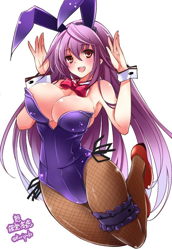 1girl animal_ears bare_shoulders blush breasts cleavage fishnet_pantyhose fishnets jumping large_breasts leotard long_hair looking_at_viewer mutou_kurihito neck_ribbon open_mouth pantyhose playboy_bunny purple_hair rabbit_ears red_eyes ribbon sengoku_bushouki_muramasa simple_background smile solo thighs toudou_takatora_(sengoku_bushouki_muramasa) very_long_hair white_background