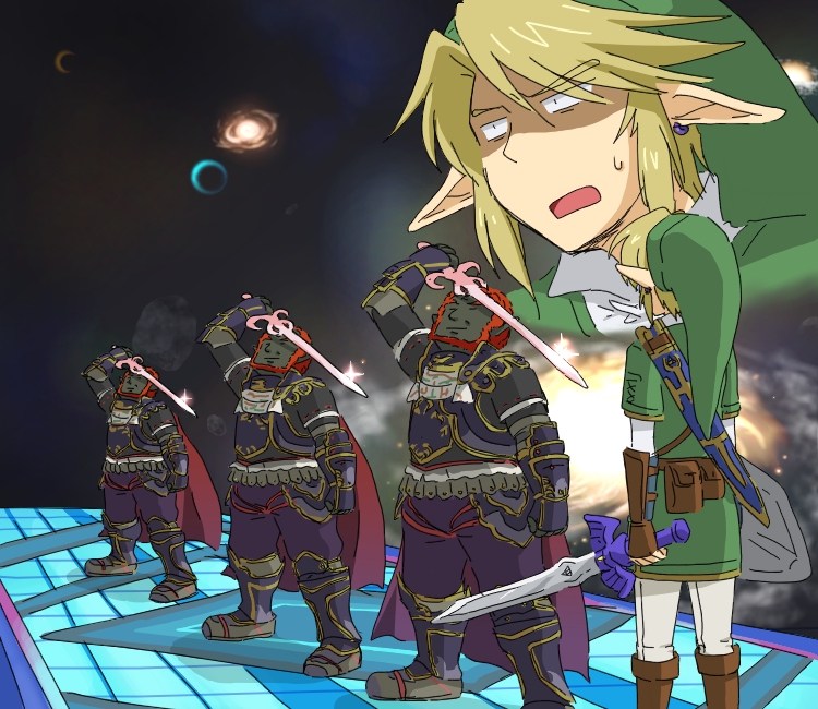 4boys armor beard belt blonde_hair boots bracer earrings facial_hair final_destination_(smash_bros) galaxy ganondorf gauntlets hanjuku_tomato hat jewelry left-handed leggings lineup link male_focus master_sword multiple_boys multiple_persona nintendo pointy_ears red_hair sheath shield space super_smash_bros. sword the_legend_of_zelda the_legend_of_zelda:_twilight_princess utility_belt weapon
