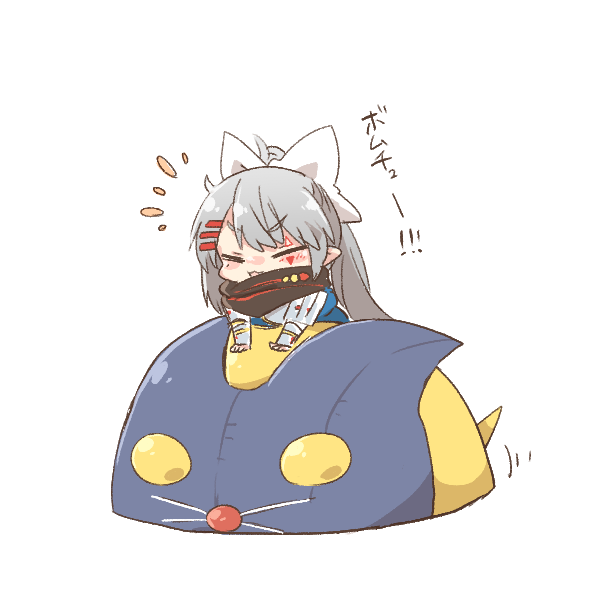 1girl :d armor bombchu chibi closed_eyes cosplay cosplay_request grey_hair hair_ribbon higuchi_kaede hyrule_warriors impa impa_(cosplay) japanese_armor kote long_hair mini_person minigirl motion_lines nijisanji nintendo notice_lines open_mouth pointy_ears ponytail rebecca_(keinelove) ribbon simple_background smile the_legend_of_zelda translation_request v-shaped_eyebrows very_long_hair virtual_youtuber white_background white_ribbon