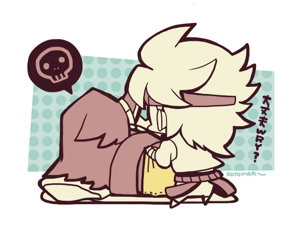 2boys chibi chibi_only covering_with_blanket dio_brando full_body hat headband jojo_no_kimyou_na_bouken kotorai kuujou_joutarou limited_palette long_sleeves lying male_focus multiple_boys on_side pillow short_hair signature spoken_skull translation_request wryyyyyyyyyyyyyyyyyyyy