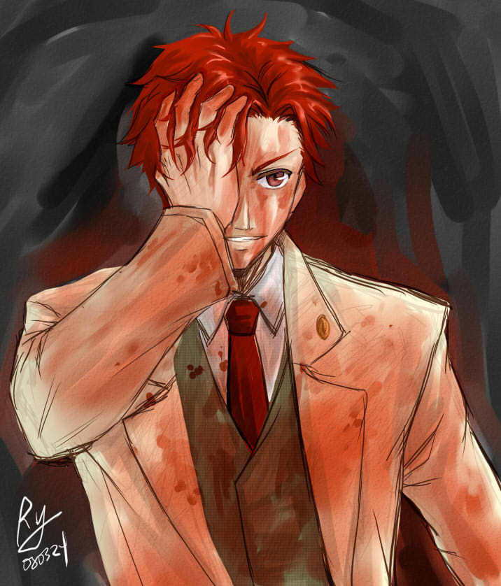 00s 1boy baccano! blood blood_splatter blood_stain brown_hair claire_stanfield formal_clothes male_focus necktie riyan solo suit