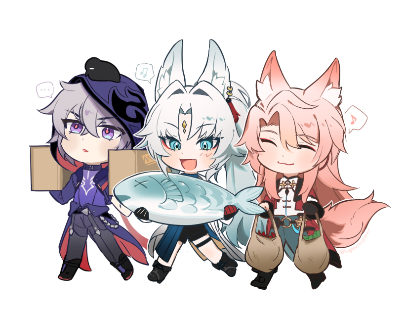 ... 1girl 2boys animal animal_ear_fluff animal_ears animal_on_head asymmetrical_gloves beak bird bird_on_head black_bird black_boots black_gloves black_shorts blue_eyes blue_hair blue_pants blue_shirt blush boots box bugseulbugseul chibi chibi_only chinese_clothes choker closed_eyes closed_mouth coat crossed_bangs earrings eyeshadow feixiao_(honkai:_star_rail) fish food forehead_jewel fox_boy fox_ears fox_girl fox_tail gloves gradient_hair grey_hair grey_pants high_ponytail holding holding_box honkai:_star_rail honkai_(series) hood hooded_jacket jacket jewelry jiaoqiu_(honkai:_star_rail) lapels long_hair long_sleeves looking_at_food looking_up makeup mismatched_gloves moze_(honkai:_star_rail) multicolored_hair multiple_boys musical_note o-ring on_head open_clothes open_coat open_jacket open_mouth package pants parted_bangs pink_hair pink_jacket pink_pupils ponytail purple_choker purple_eyes purple_jacket purple_shirt red_eyeshadow red_gloves red_shrug shirt short_hair shorts shrug_(clothing) sidelocks simple_background single_earring single_glove smile spoken_ellipsis spoken_musical_note tail tangzhuang tassel tassel_earrings thigh_strap two-sided_fabric two-sided_jacket walking white_background white_coat white_hair white_shirt