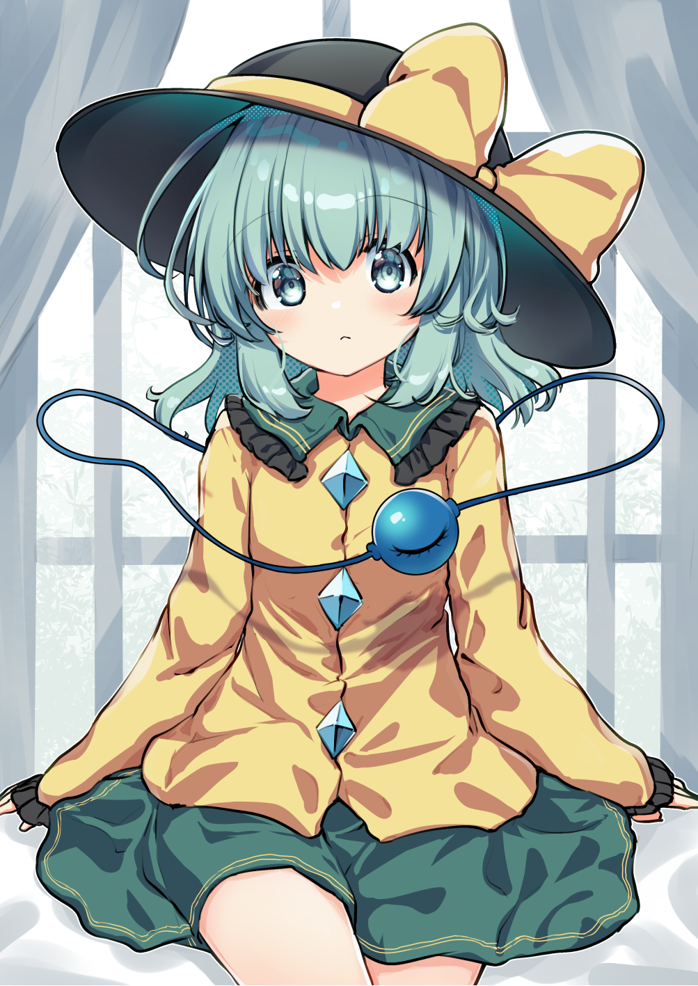 1girl black_hat blush closed_mouth collared_shirt eyeball floral_print frilled_shirt_collar frills green_eyes green_hair green_skirt hair_between_eyes hat hat_ribbon highres komeiji_koishi long_sleeves looking_at_viewer medium_hair rapameri ribbon rose_print shirt skirt solo third_eye touhou wide_sleeves yellow_ribbon yellow_shirt