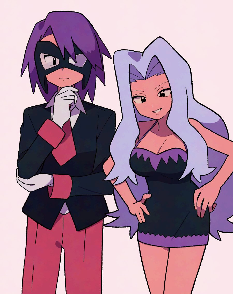 1boy 1girl black_dress black_eyes black_jacket breasts cleavage domino_mask dress gloves grey_hair hands_on_own_hips jacket karen_(pokemon) long_hair long_sleeves looking_at_viewer mask nintendo pants pokemon pokemon_gsc purple_hair shirt short_hair sleeveless sleeveless_dress smile tyako_089 white_gloves white_shirt will_(pokemon)