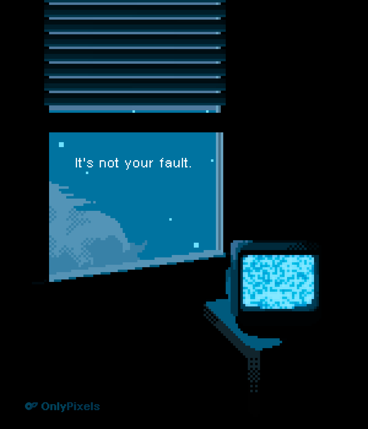 blue_theme cloud crt english_text highres multiple_monochrome night night_sky onlypixeeels open_window_shutter original partially_colored pixel_art shadow sky star_(sky) static table window