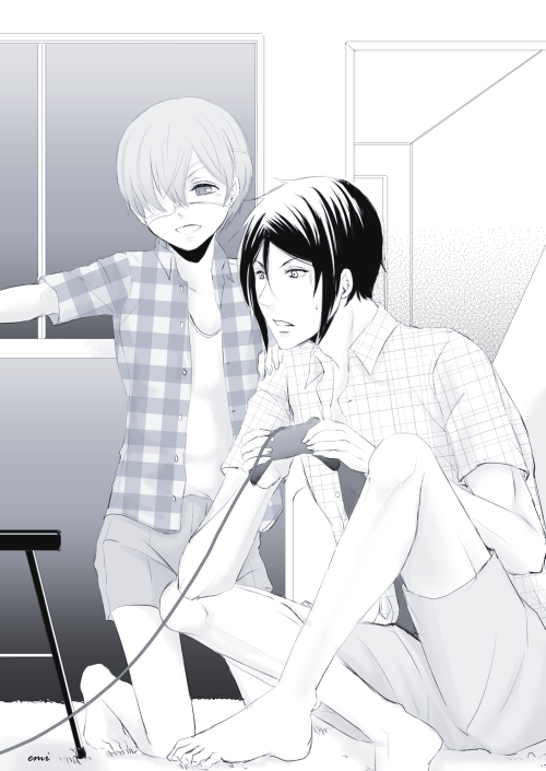 age_difference barefoot black_hair butler child ciel_phantomhive controller earrings emi eyepatch grey_hair jacket jewelry kuroshitsuji living_room medium_hair playing playing_games playing_videogame sebastian_michaelis shirt short_hair shorts square_enix