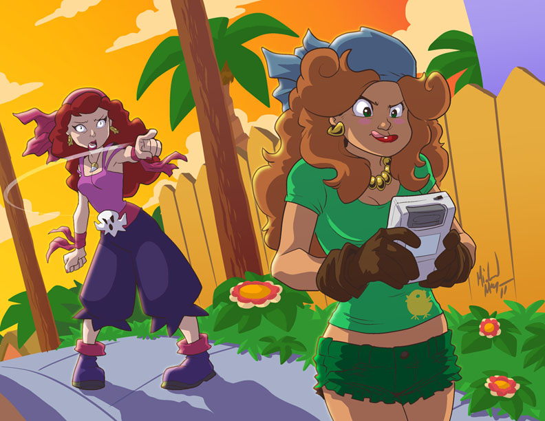 2girls arettes bandana bonnie_lass captain_syrup lips make makeup michael_mayne multiple_girls nintendo original pants pirate red_eyes red_hair shoes tagme wario_land wario_land:_shake_it!